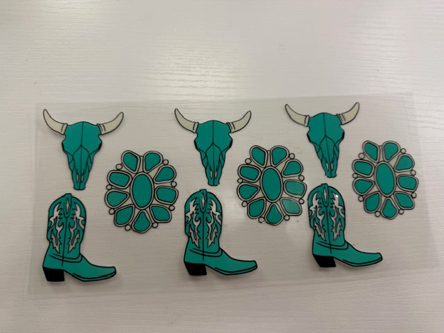 Teal Boots Cow Skull