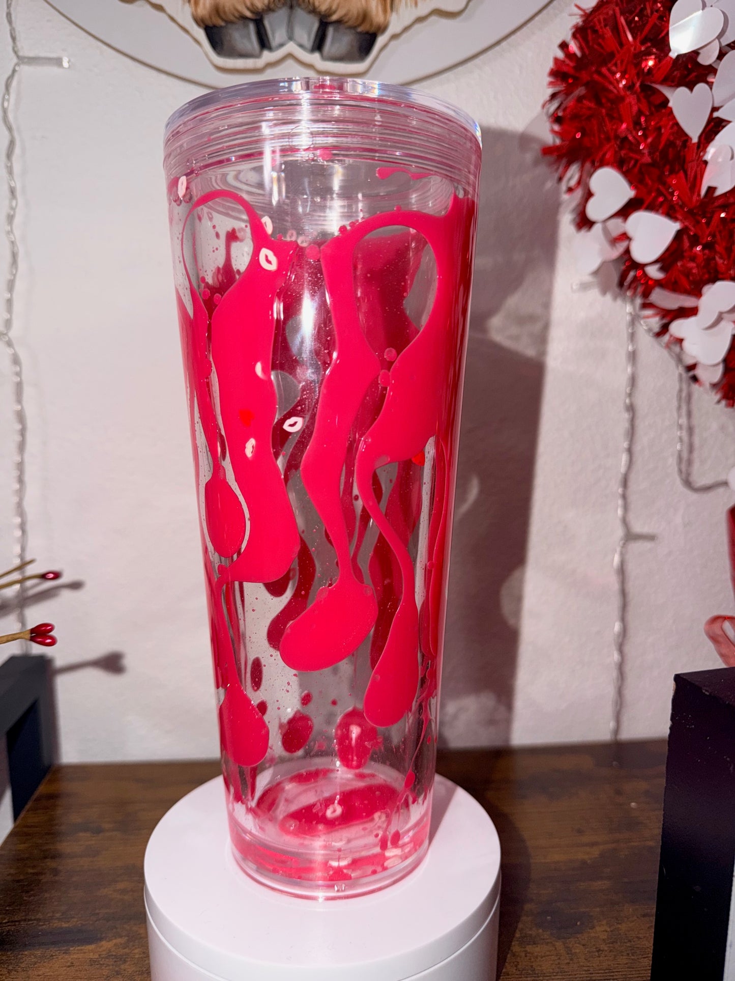 24oz Acrylic Pink Lava Snow Globe with Hearts and Kiss