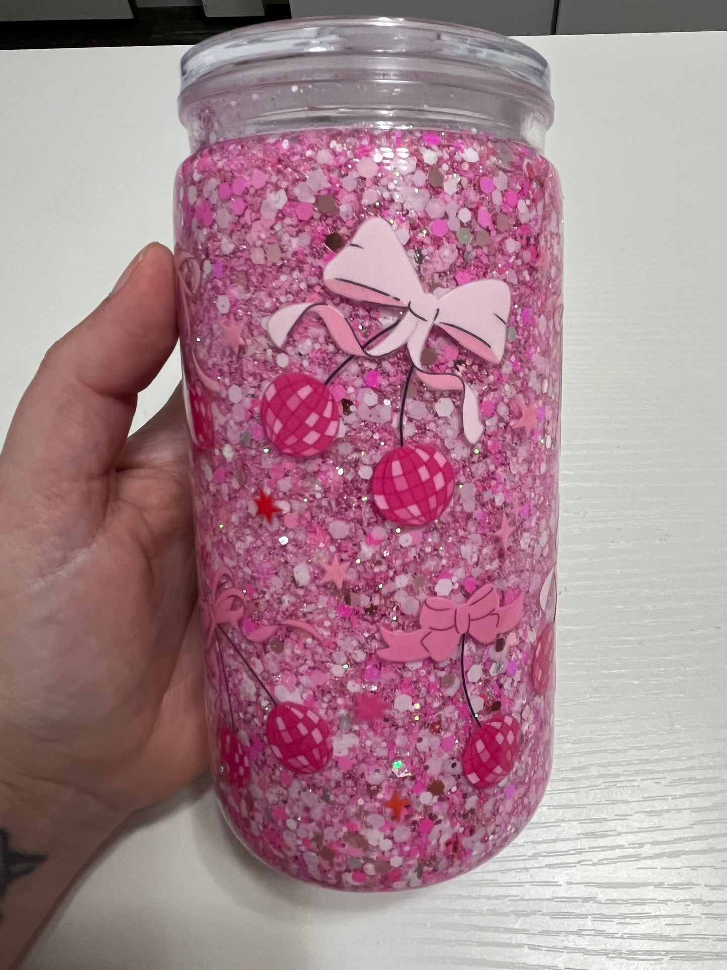 16oz Acrylic Slow Flow Snow Globe w/ Pink Bows & Cherries